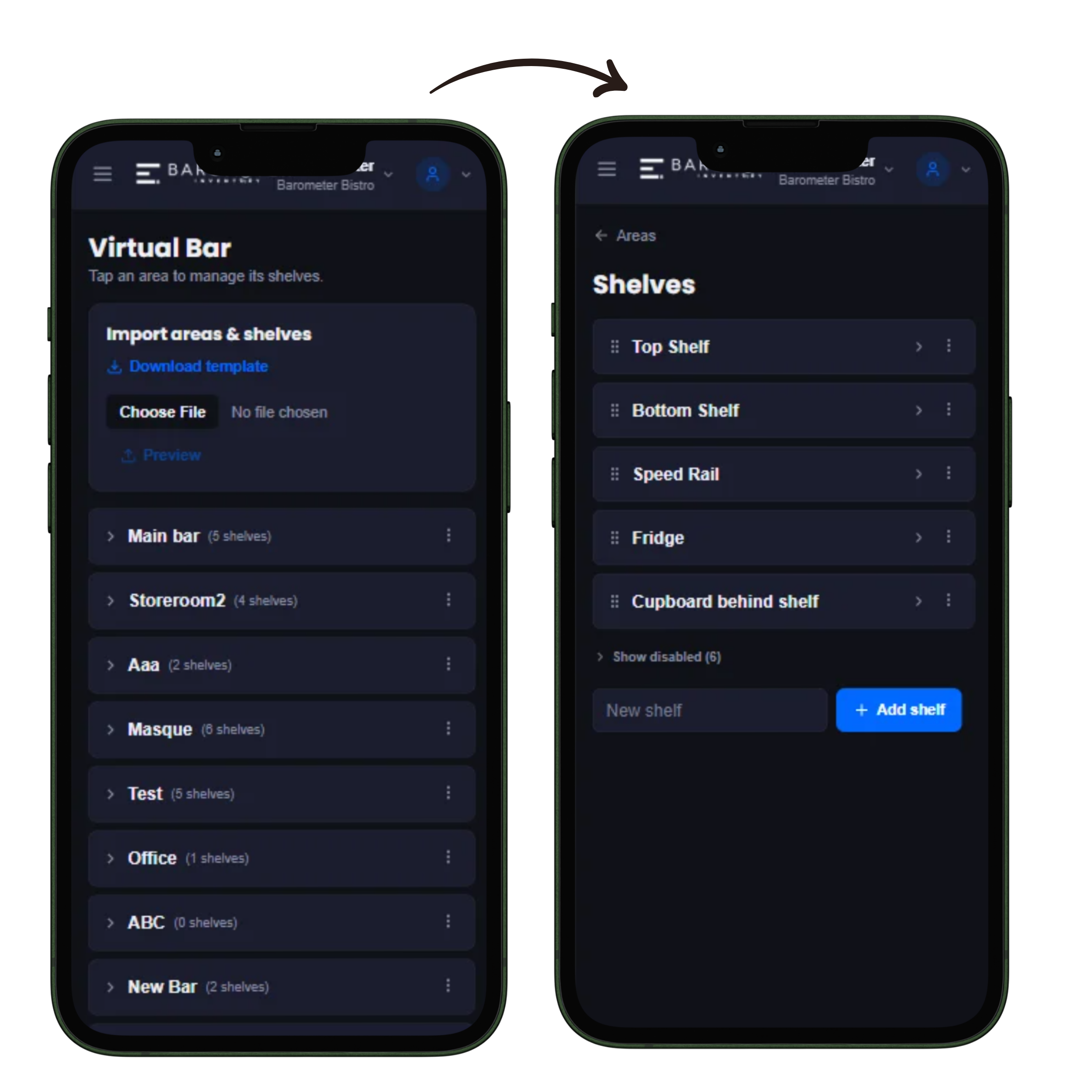 Virtual Bar: areas, shelves and bottle counts
