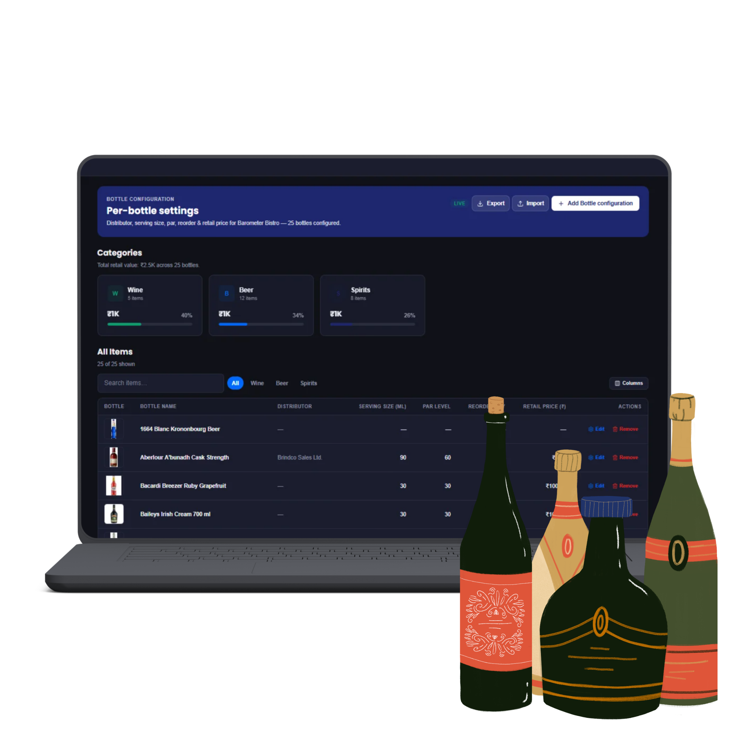 Bottle configuration: categories and per-bottle settings