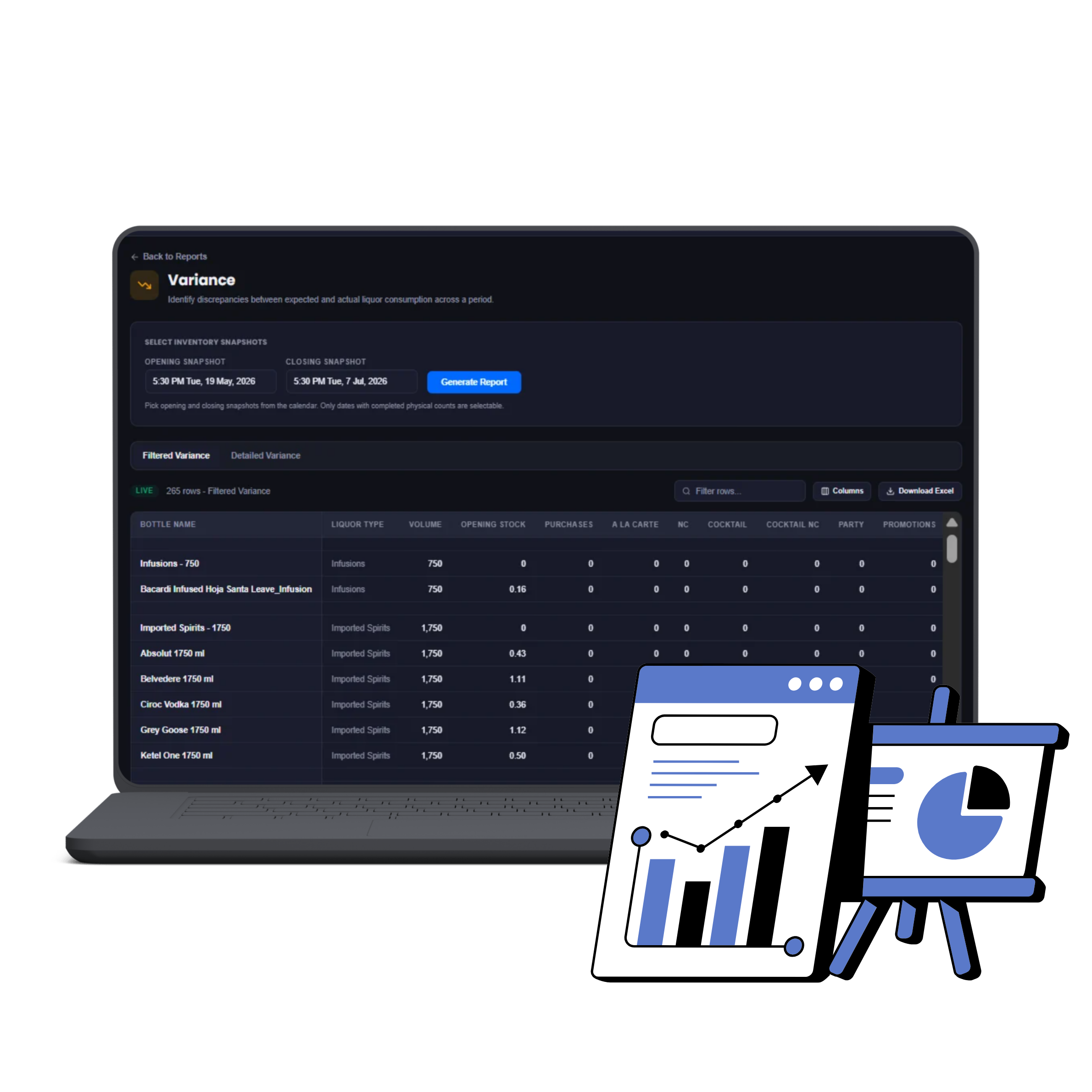 Variance report: opening and closing snapshot selector