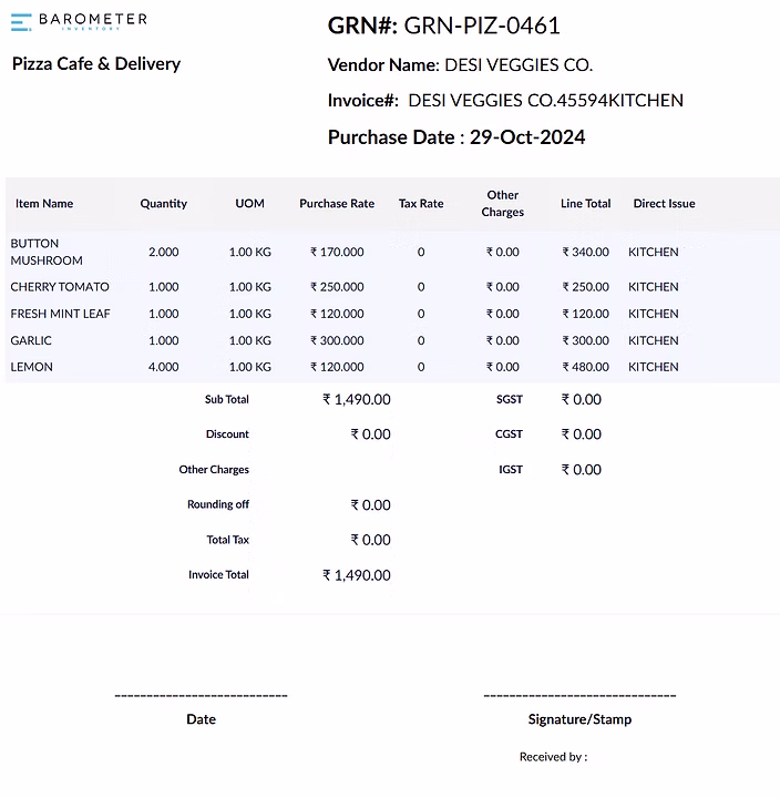 Convert POs to Goods Received Note (GRN): Baro MATS