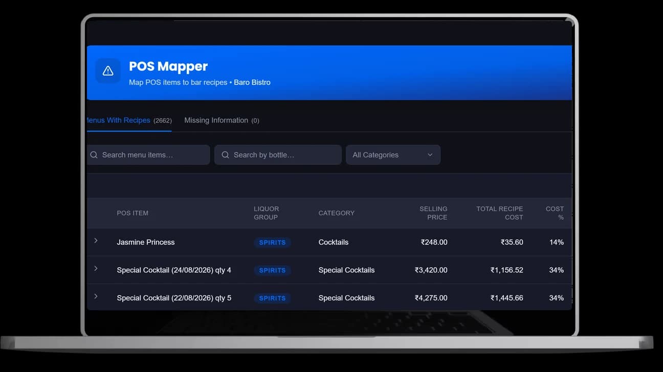POS Mapper: menu items mapped to recipes with selling price, recipe cost and cost percentage