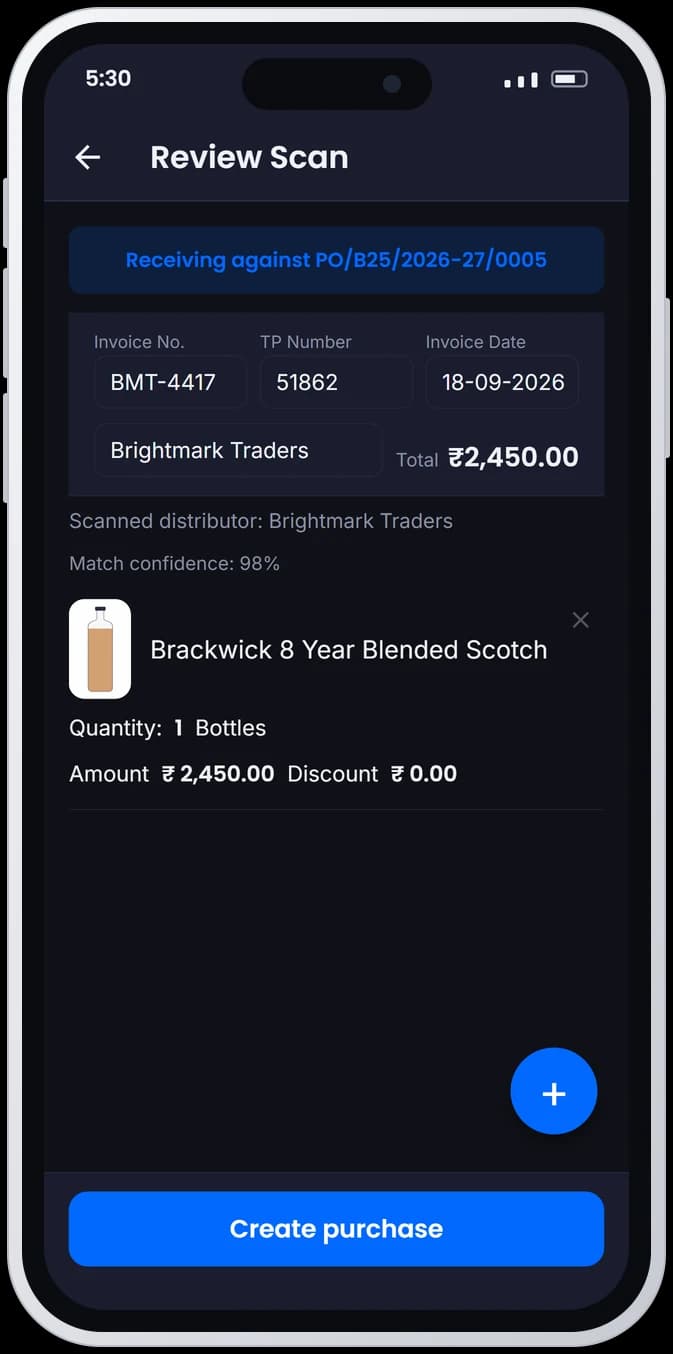 Review Scan on the phone: a scanned bill matched to its purchase order at 98% confidence