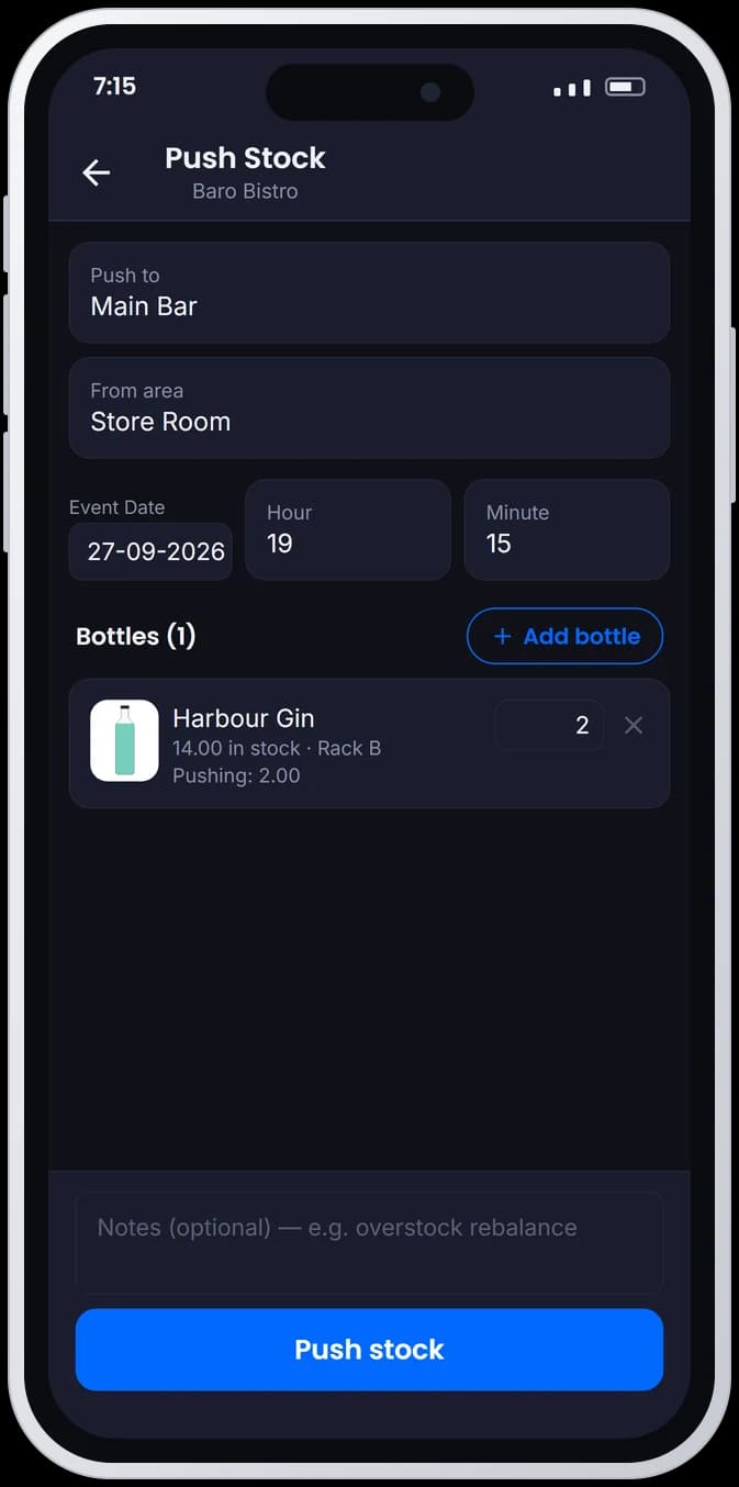 Push Stock on the phone: two bottles of gin moving from the store room to the main bar